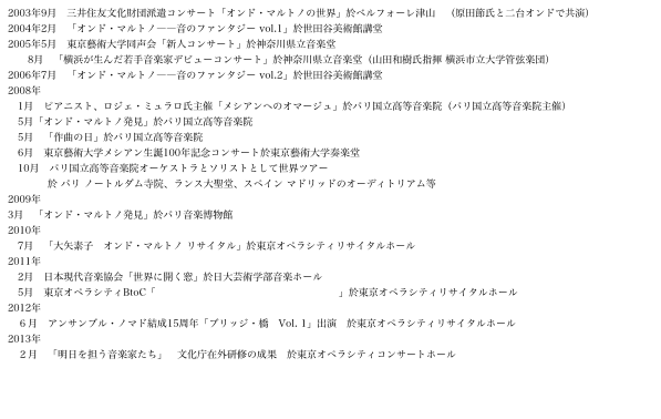 2003年9月　三井住友文化財団派遣コンサート「オンド・マルトノの世界」於ベルフォーレ津山　（原田節氏と二台オンドで共演）
2004年2月　「オンド・マルトノ――音のファンタジー vol.1」於世田谷美術館講堂
2005年5月　東京藝術大学同声会「新人コンサート」於神奈川県立音楽堂　
　　8月　「横浜が生んだ若手音楽家デビューコンサート」於神奈川県立音楽堂（山田和樹氏指揮 横浜市立大学管弦楽団）
2006年7月　「オンド・マルトノ――音のファンタジー vol.2」於世田谷美術館講堂
2008年
　1月　ピアニスト、ロジェ・ミュラロ氏主催「メシアンへのオマージュ」於パリ国立高等音楽院（パリ国立高等音楽院主催）
　5月「オンド・マルトノ発見」於パリ国立高等音楽院
　5月　「作曲の日」於パリ国立高等音楽院
　6月　東京藝術大学メシアン生誕100年記念コンサート於東京藝術大学奏楽堂
　10月　パリ国立高等音楽院オーケストラとソリストとして世界ツアー
            於 パリ ノートルダム寺院、ランス大聖堂、スペイン マドリッドのオーディトリアム等
2009年
3月　「オンド・マルトノ発見」於パリ音楽博物館
2010年
　7月　「大矢素子　オンド・マルトノ リサイタル」於東京オペラシティリサイタルホール
2011年
　2月　日本現代音楽協会「世界に開く窓」於日大芸術学部音楽ホール
　5月　東京オペラシティBtoC「大矢素子　オンド・マルトノ リサイタル」於東京オペラシティリサイタルホール
2012年
　６月　アンサンブル・ノマド結成15周年「ブリッジ・橋　Vol. 1」出演　於東京オペラシティリサイタルホール
2013年
　２月　「明日を担う音楽家たち」　文化庁在外研修の成果　於東京オペラシティコンサートホール

　
